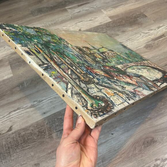 Vintage Oil Painting Signed J.D’Avo Paris Street Scene River Bridge 25x19 Canvas - Picture 2 of 11